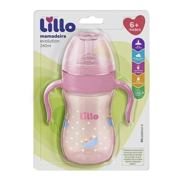 Mamadeira Lillo Evolution C/alça Silicone Rosa 240ML
